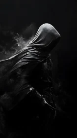 Shadowed wanderer pauses in swirling midnight mist