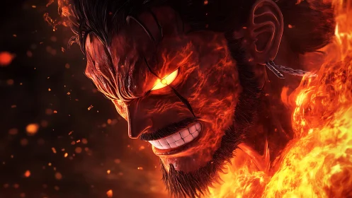 Fiery warrior&rsquo;s enraged face burns amid searing flames.
