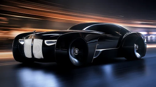 Midnight luxury concept car glides through glowing city streets