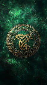 Celtic knotwork emblem on textured dark green background.