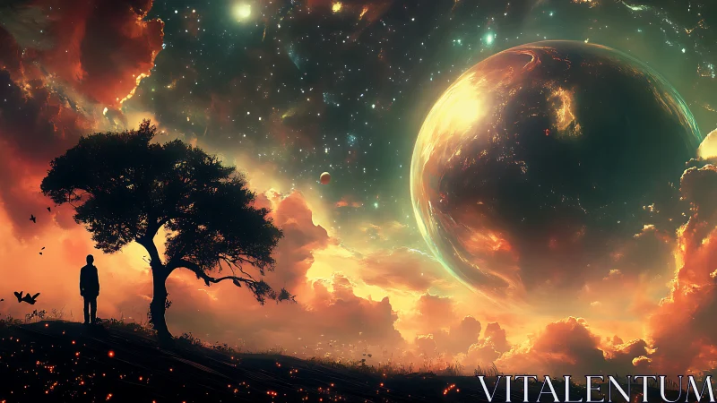 Surreal cosmic landscape with silhouetted figure and planet glow.