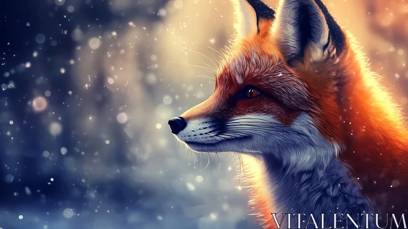 Vivid red fox gazes through softly glowing winter snowfall