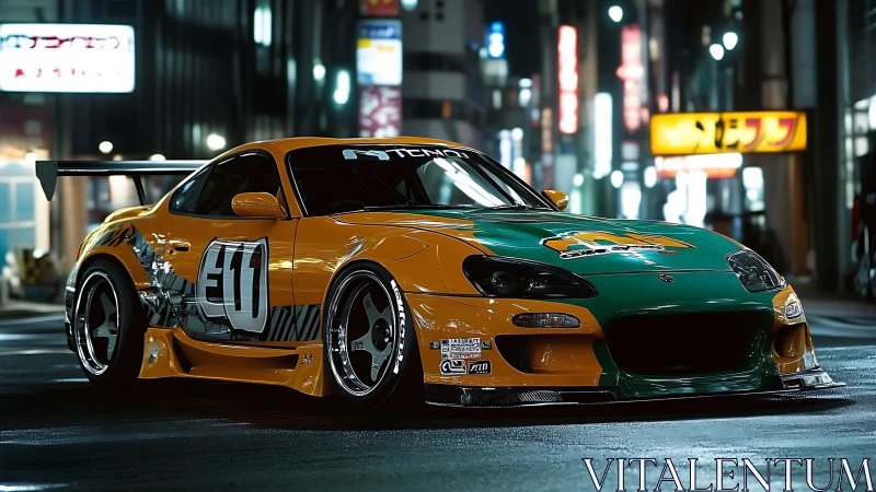 Midnight city streets glow around this bold drift racer.