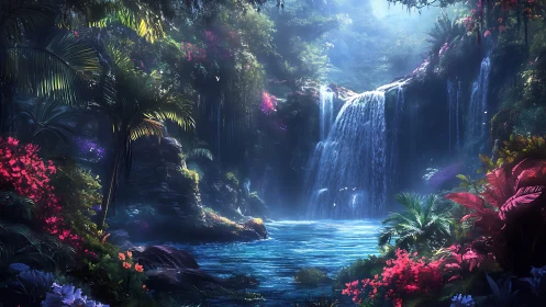 Dense tropical forest waterfall with illuminated lagoon pool.