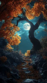 Moonlit forest trail curves beneath glowing autumn canopy.