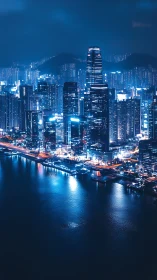 Midnight harbor skyline glowing in cool electric blues.