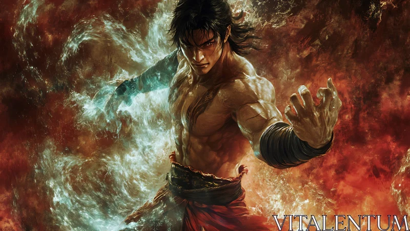 Elemental warrior bends stormfire and seaflame with fury