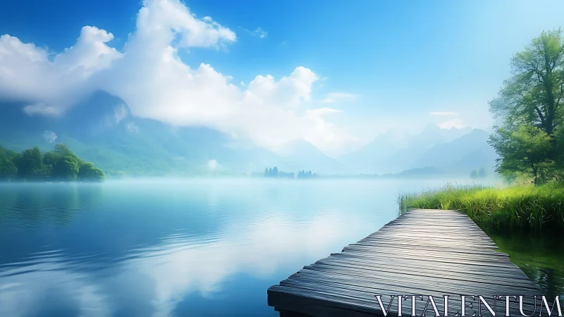 Wooden pier tiptoes into a mist-veiled mountain lake dream