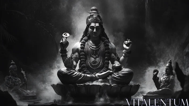 Monochrome Shiva statue in ethereal cavern smoke glow.