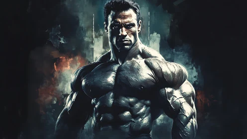 Muscular male bodybuilder portrait in intense lighting.