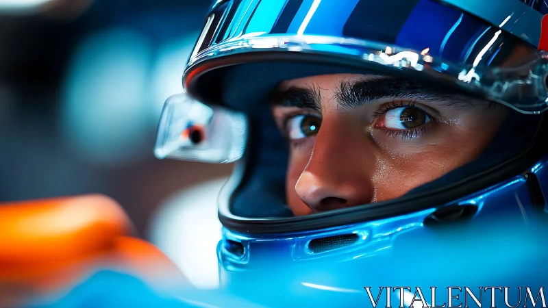 Intense racing driver portrait framed by reflective blue helmet
