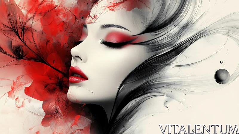 Abstract female profile with red and black flowing forms.