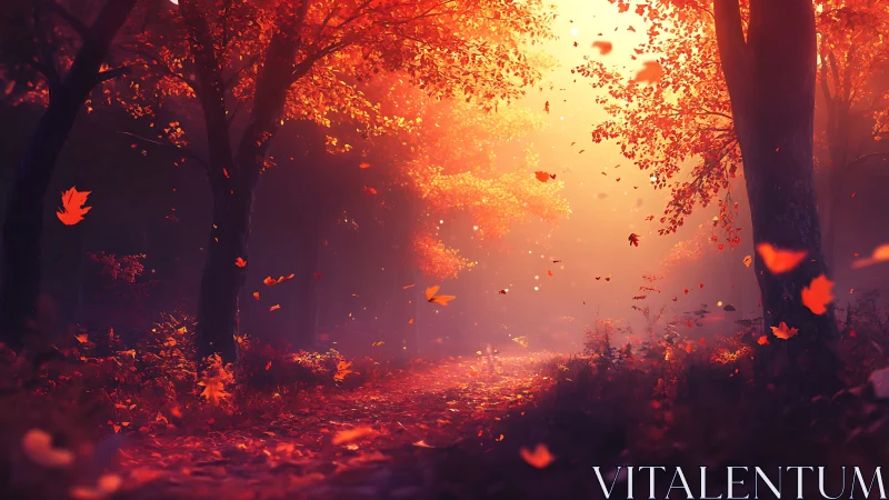 Autumn Forest Path Bathed in Golden Sunset Glow