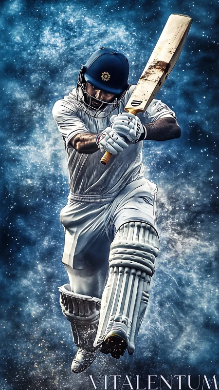 Dynamic cricket batsman in cosmic motion, digital painting.