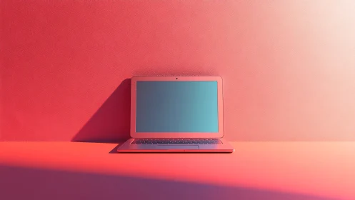 Closed laptop on monochrome pink surface and backdrop.