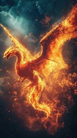 Fire dragon erupts skyward through rolling storm clouds.