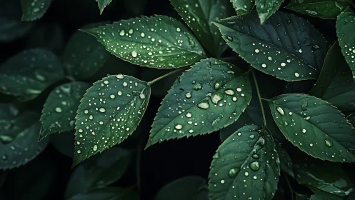 Close view of dark green leaves with rain droplets.