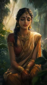 Regal woman in golden sari meditating in lush jungle light.