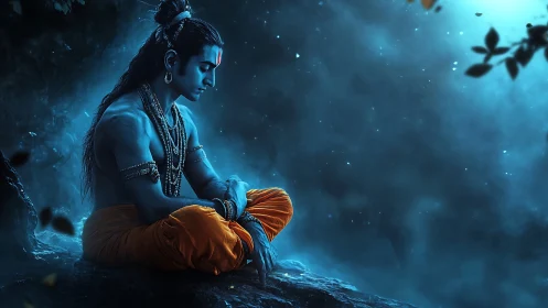 Blue-hued meditative figure rendered in luminous digital chiaroscuro