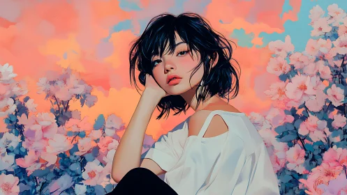 Digital portrait of seated woman amid stylized floral field.