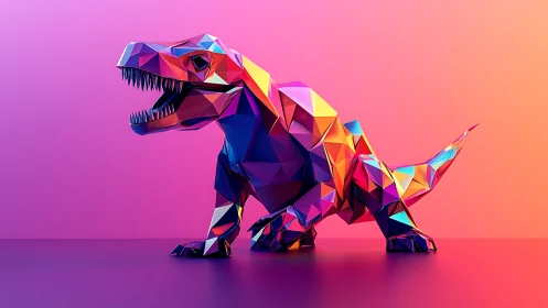Low-poly neon T-Rex sculpture with prismatic gradient lighting.