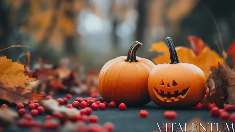 Photographic still life of Halloween pumpkins with autumn foliage.