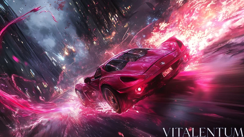 Futuristic red sports car on neon trail in rainy cityscape.