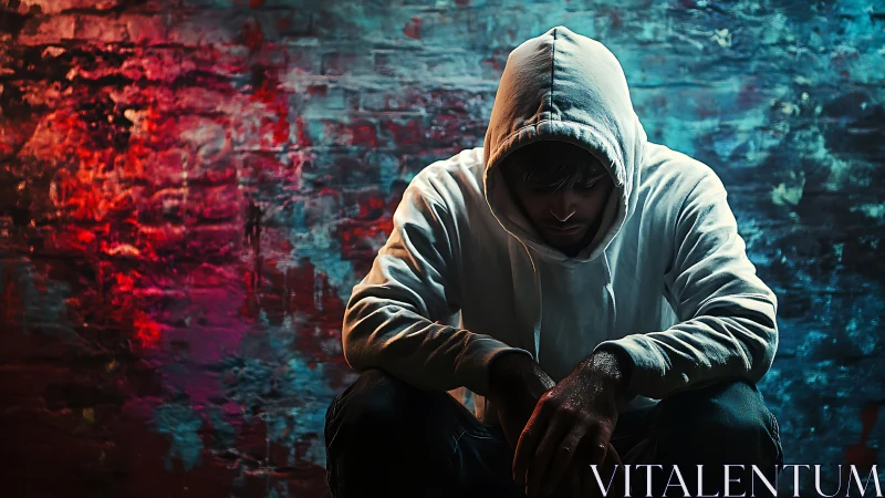 Hooded young man sits in moody neon-lit urban alleyway