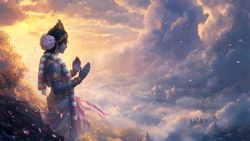 Divine dusk whispers over garlanded deity above cloud realms