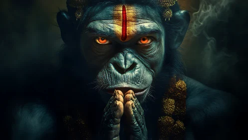 Simian deity portrait with luminescent gaze and ritual markings.