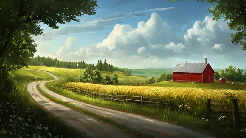 Curving country road leading to sunlit red barn landscape.