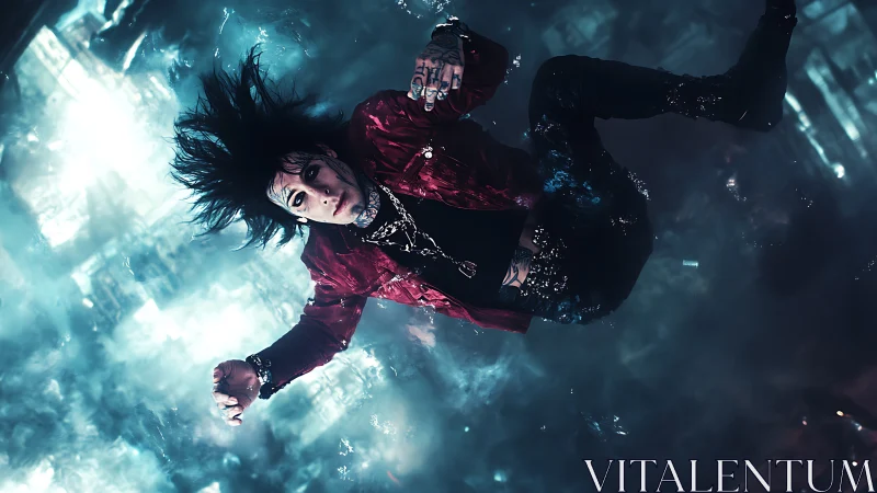 Neon-lit rocker suspended in electric cyan haze.