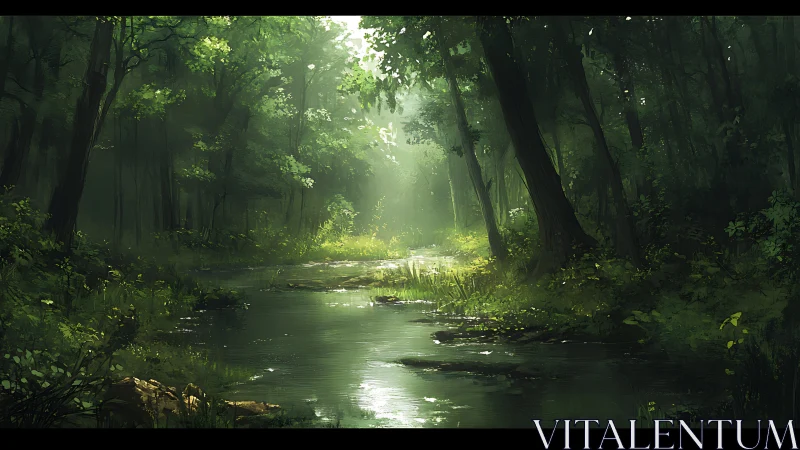 Dense forest stream corridor lit by diffuse sunlight