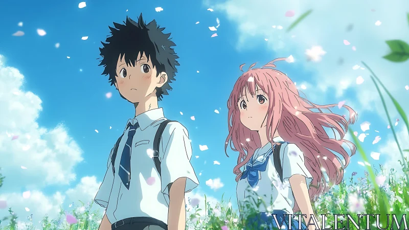 Teen pair in spring field under clear blue sky.