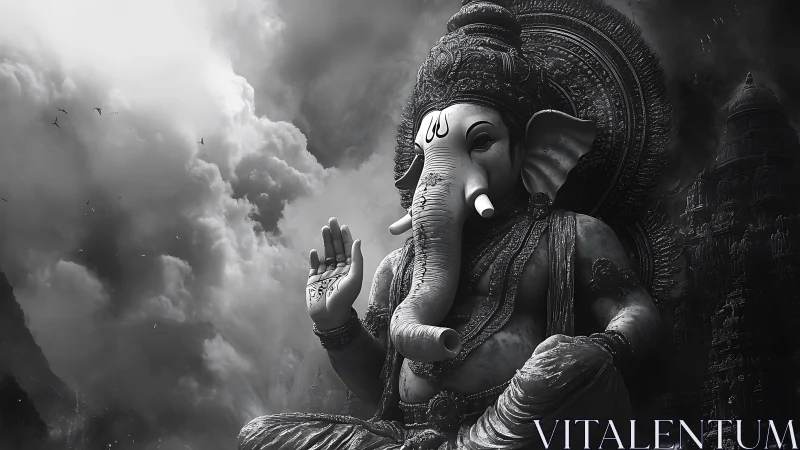 Monochrome Ganesha statue in storm-lit atmospheric relief.