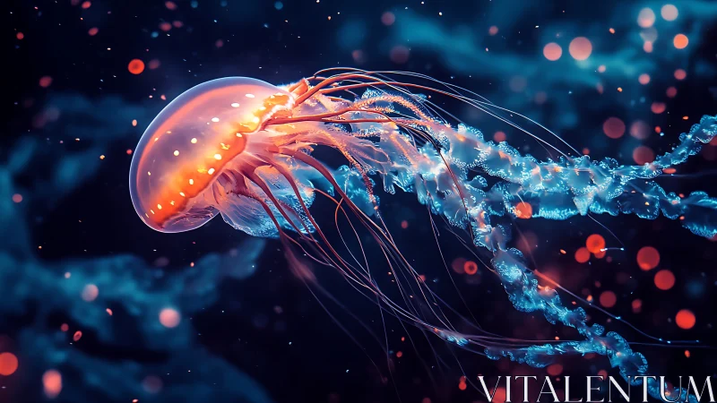 Luminous jellyfish drifts through neon-lit ocean dreamscape.
