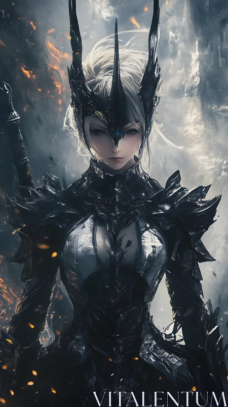 Obsidan-armored valkyrie amid ember-lit frozen haze.