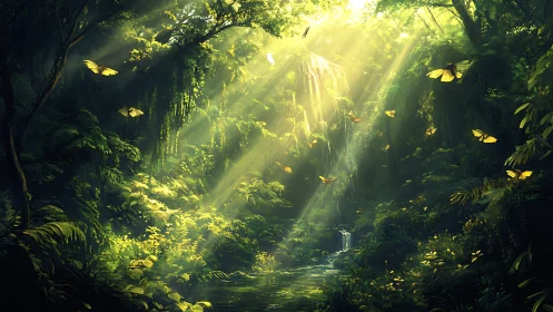 Golden butterflies dance through sunlit enchanted jungle air