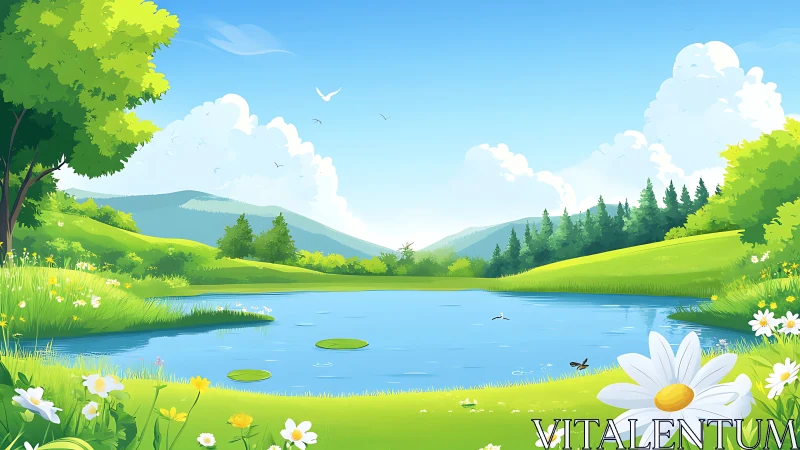 Idyllic summer lake with wildflowers and rolling hills.