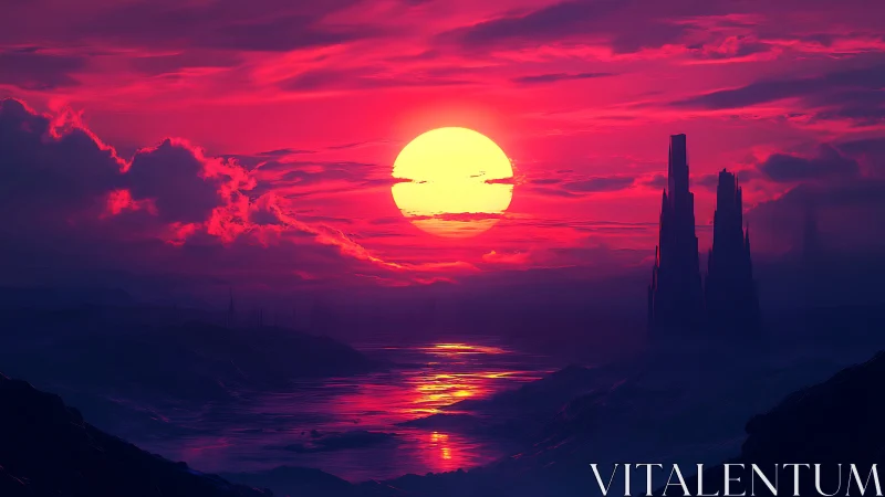 Neon crimson alien seascape frames colossal setting sun