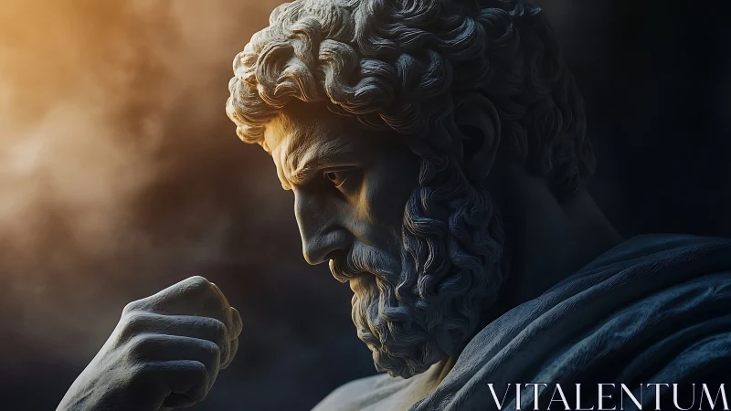 Photorealistic marble bust in dramatic chiaroscuro profile.