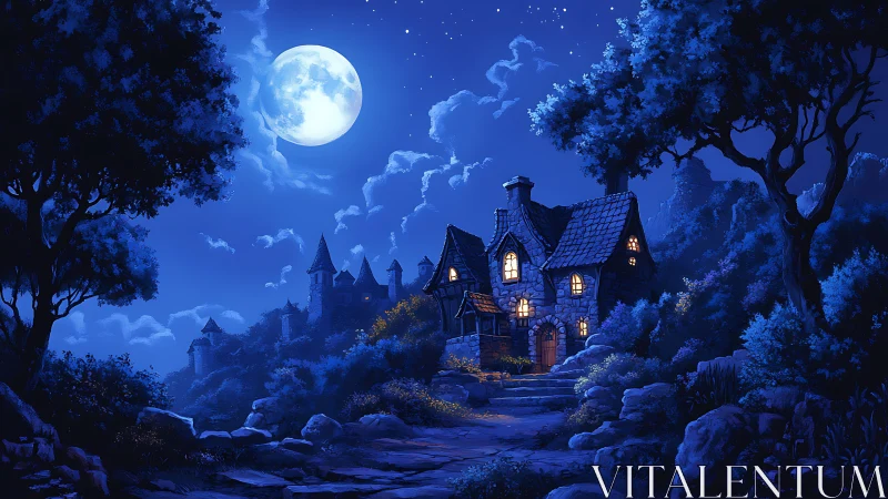 Moonlit stone cottage glows beside distant hilltop castle.