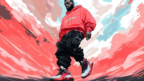 Streetwear figure strides through bold red painted sky