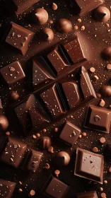 Rich chocolate squares and truffles on cocoa background.