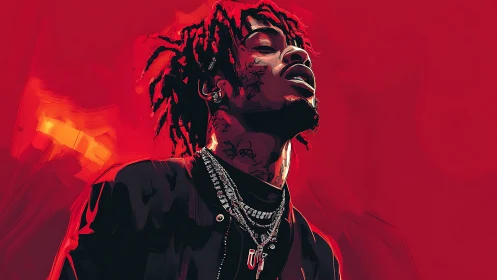 Bold digital portrait captures a rapper in vivid red haze