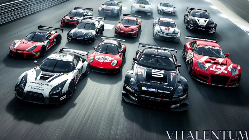 Grid of high performance GT race cars charging forward