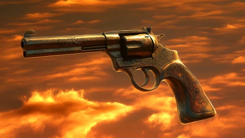 Ornate gold revolver rendered against dramatic sunset clouds