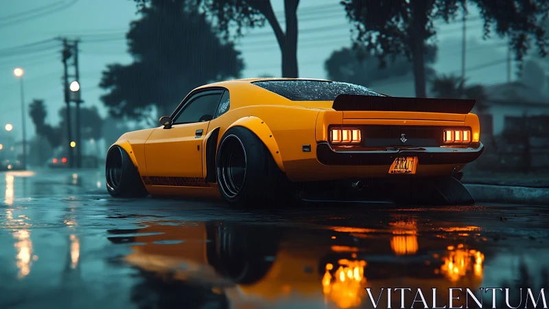 Lowered yellow muscle car glows on a rainy neon street