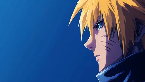 Anime character profile in minimalist blue negative space design.