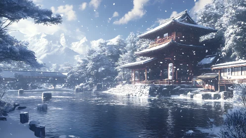 Snow-laden Japanese temple by river under crisp winter sky.